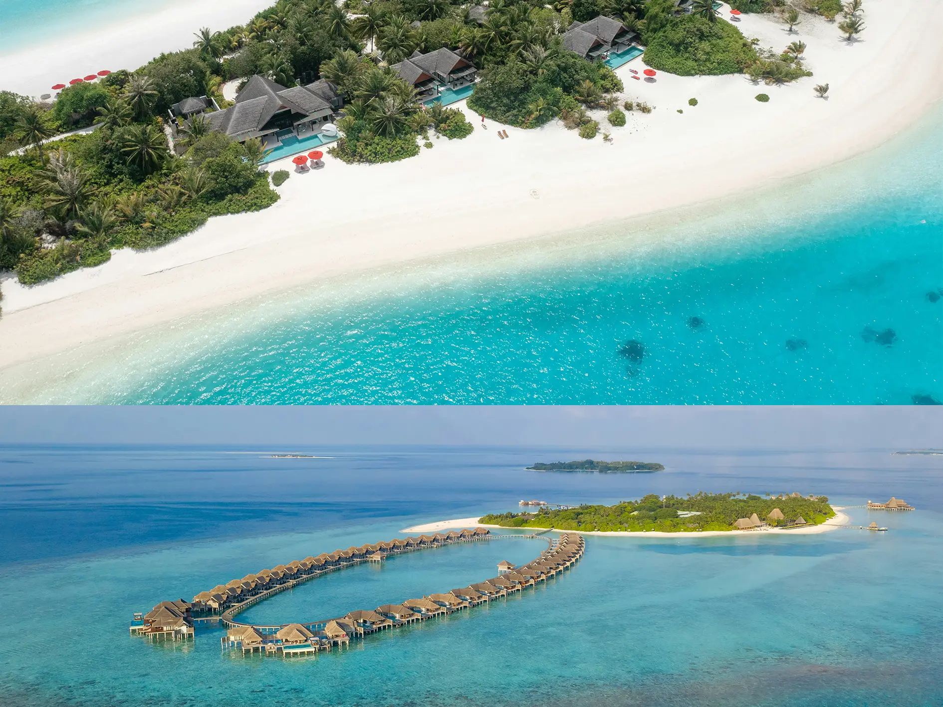 Aerial comparison of Maldives beach villas with private pools and gardens on white sand versus overwater villas curving across a turquoise lagoon