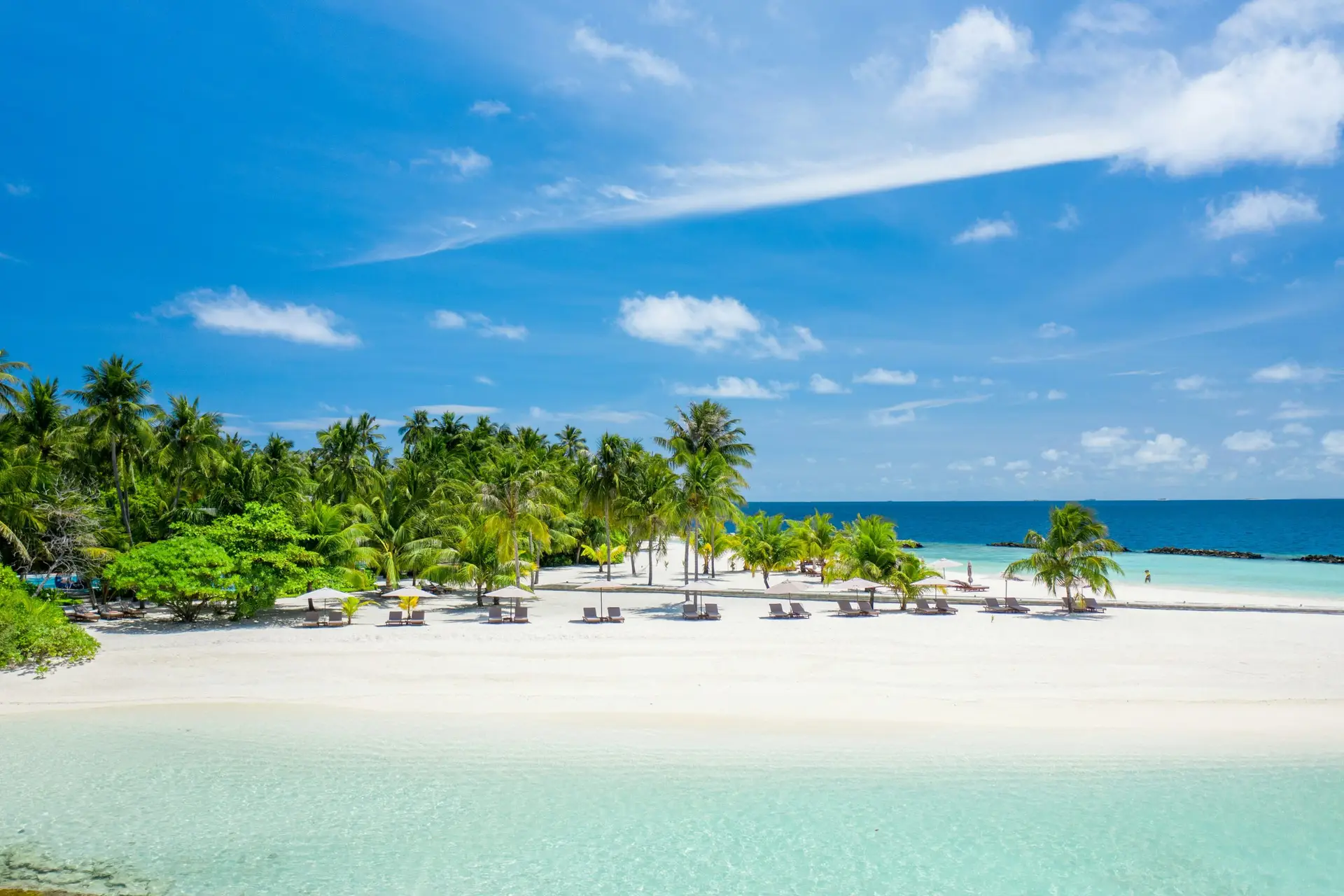 White sand beach at a Maldives resort with sun loungers and parasols arranged under coconut palms, turquoise shallow water on both sides