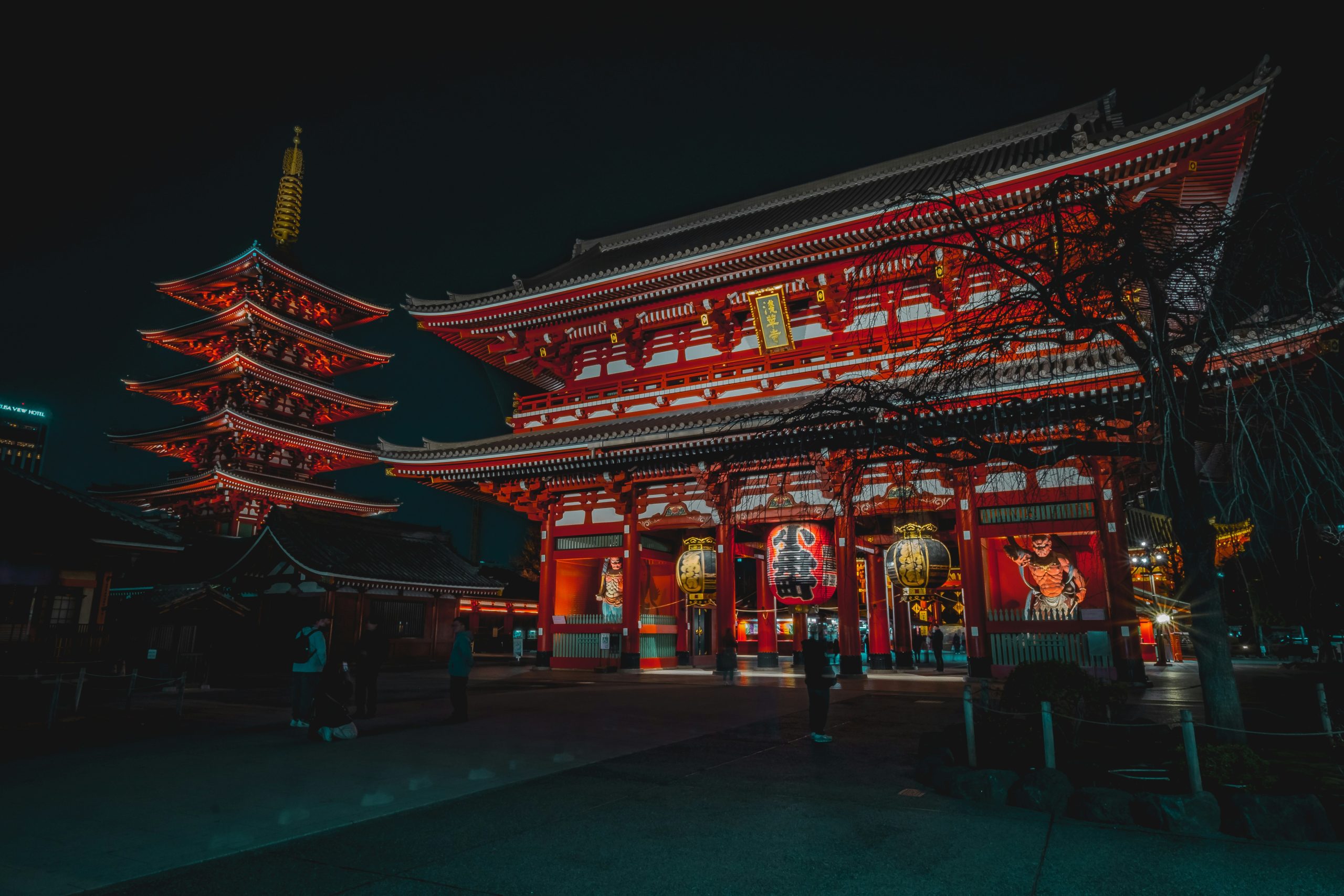 Senso-ji temple and five-story pagoda illuminated at night in Asakusa, Tokyo's oldest Buddhist temple from 645 AD