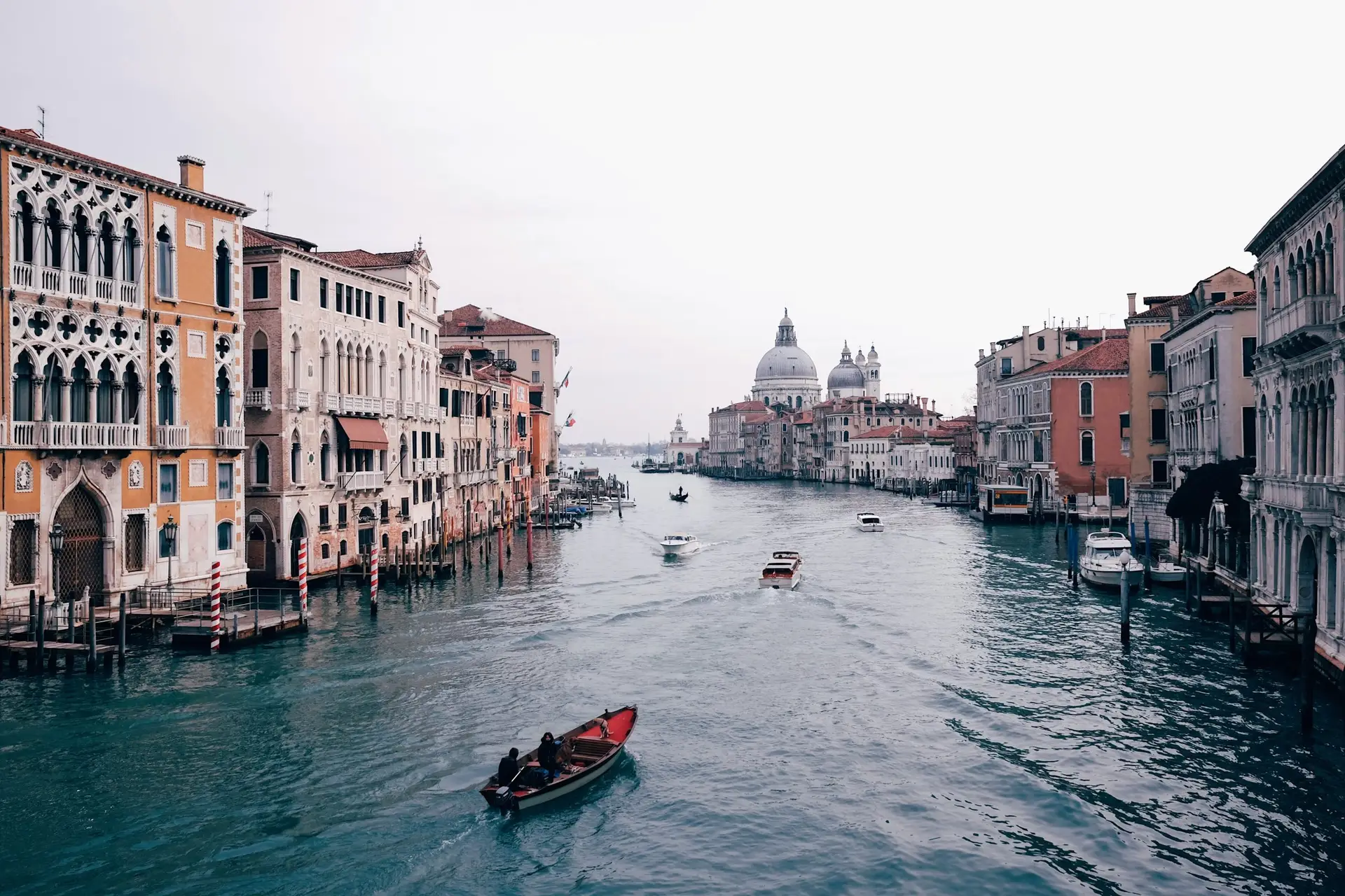 Grand Canal in Venice with Gothic palaces lining the water and Santa Maria della Salute in the distance, a city built on millions of wooden piles