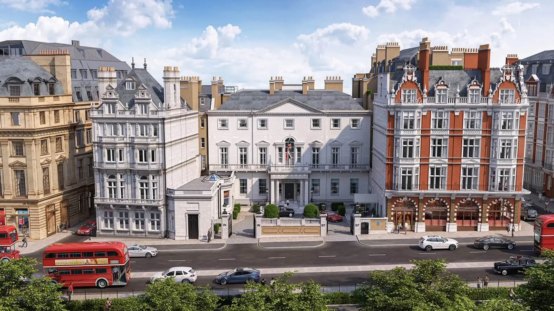 Pre-opening rendering of Cambridge House at 94 Piccadilly, the Grade I-listed Georgian mansion that becomes Auberge Resorts Collection's UK debut in mid-2026, showing the In and Out gates and Mayfair surrounds 