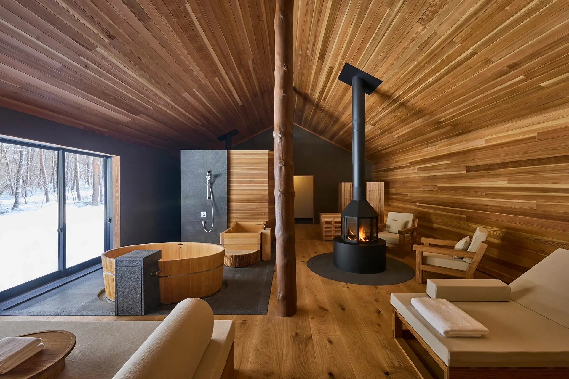 Farm-to-Table Luxury Hotels 2026: Inside Hospitality's Quiet Revolution 8 Azuma Farm Koiwai spa with hinoki ofuro bath and wood-burning fireplace in Iwate Japan