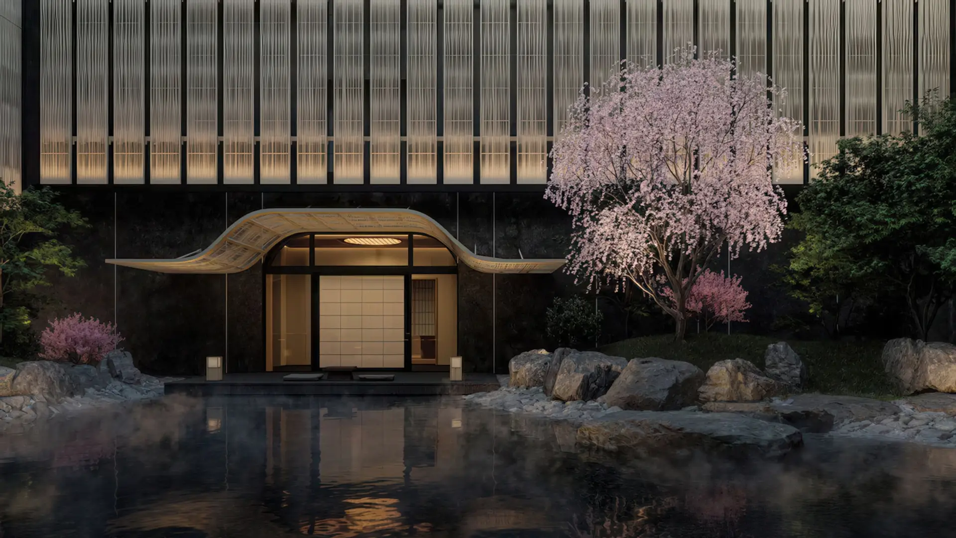 Capella Kyoto entrance with cherry blossom and onsen reflection in Miyagawa-cho