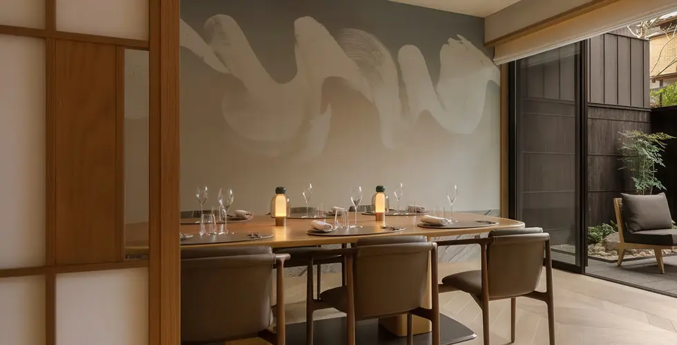 Capella Kyoto Review 2026: Inside Japan's Most Anticipated Luxury Opening 2 Private dining room at Capella Kyoto with Daichiro Shinjo calligraphy mural