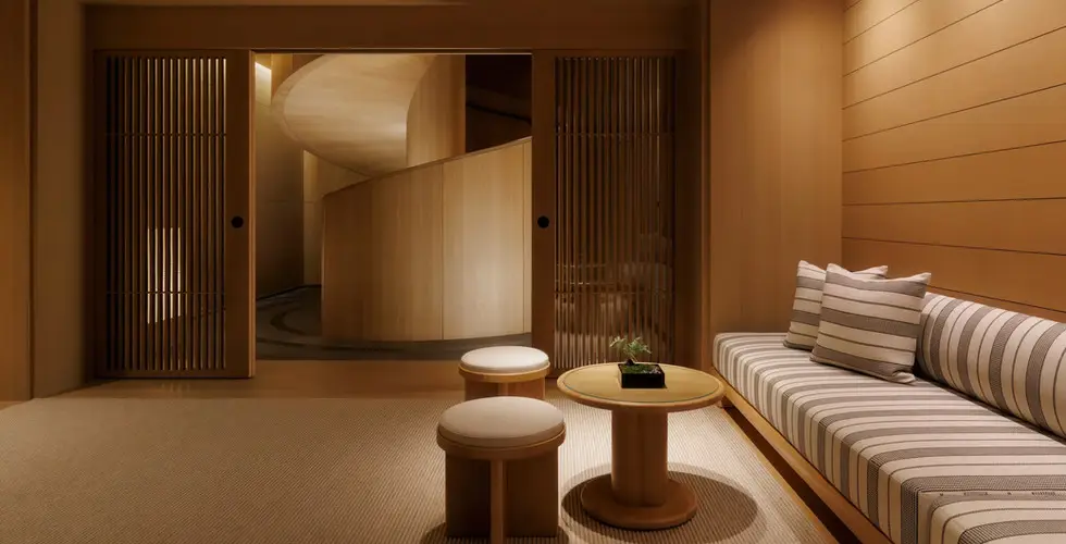 Capella Kyoto Review 2026: Inside Japan's Most Anticipated Luxury Opening 16 Capella Kyoto spa entrance lounge with spiral staircase leading to Auriga Spa