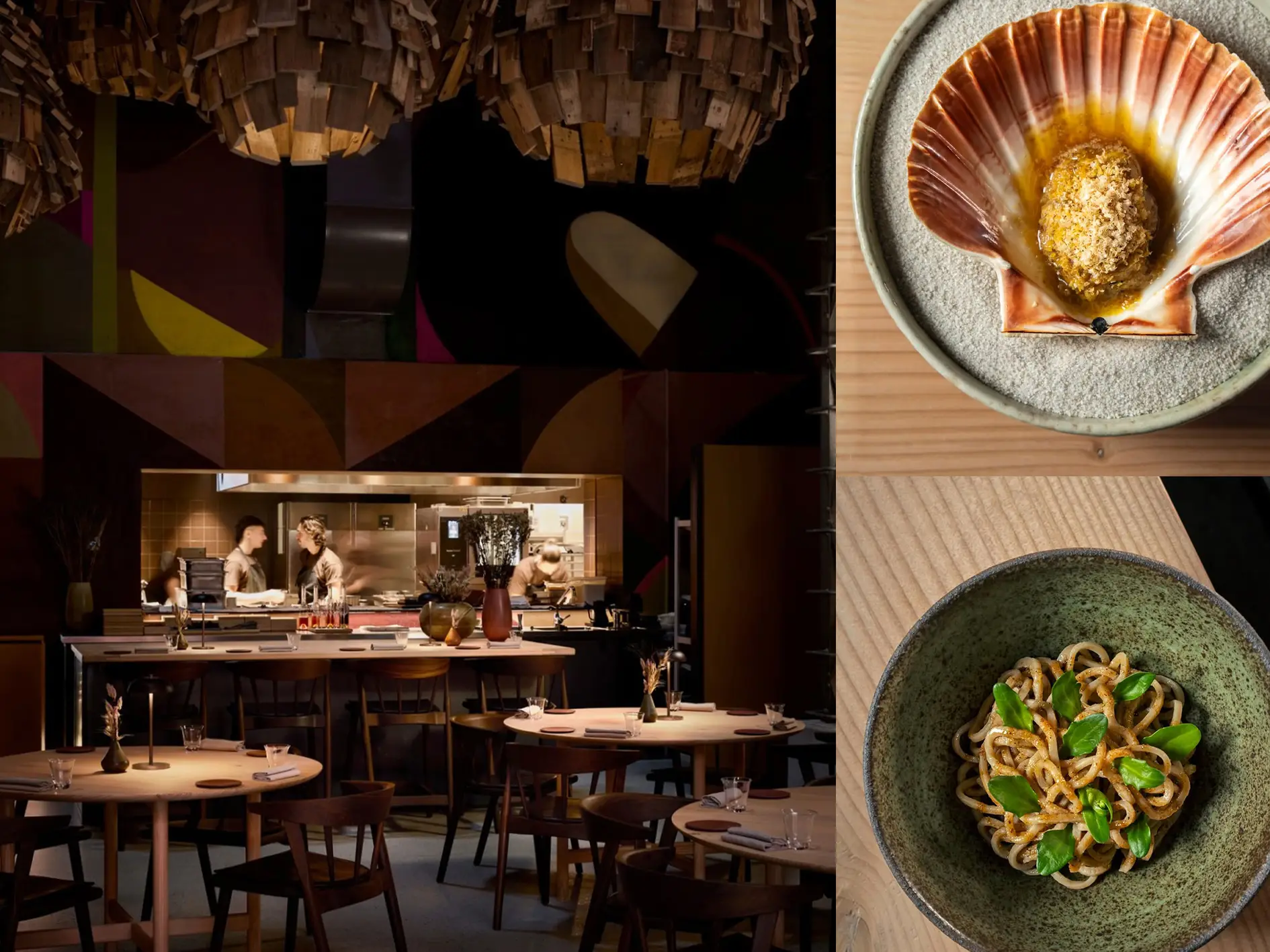 7 Best New Restaurants Worth Flying For in 2026 4 Dining room with recycled-wood pendants and signature dishes at Esse, Matt Orlando's Copenhagen restaurant