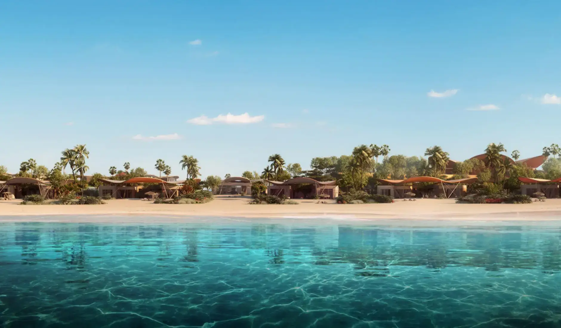 Beachfront villas at Four Seasons Red Sea seen from the lagoon, Shura Island, Saudi Arabia