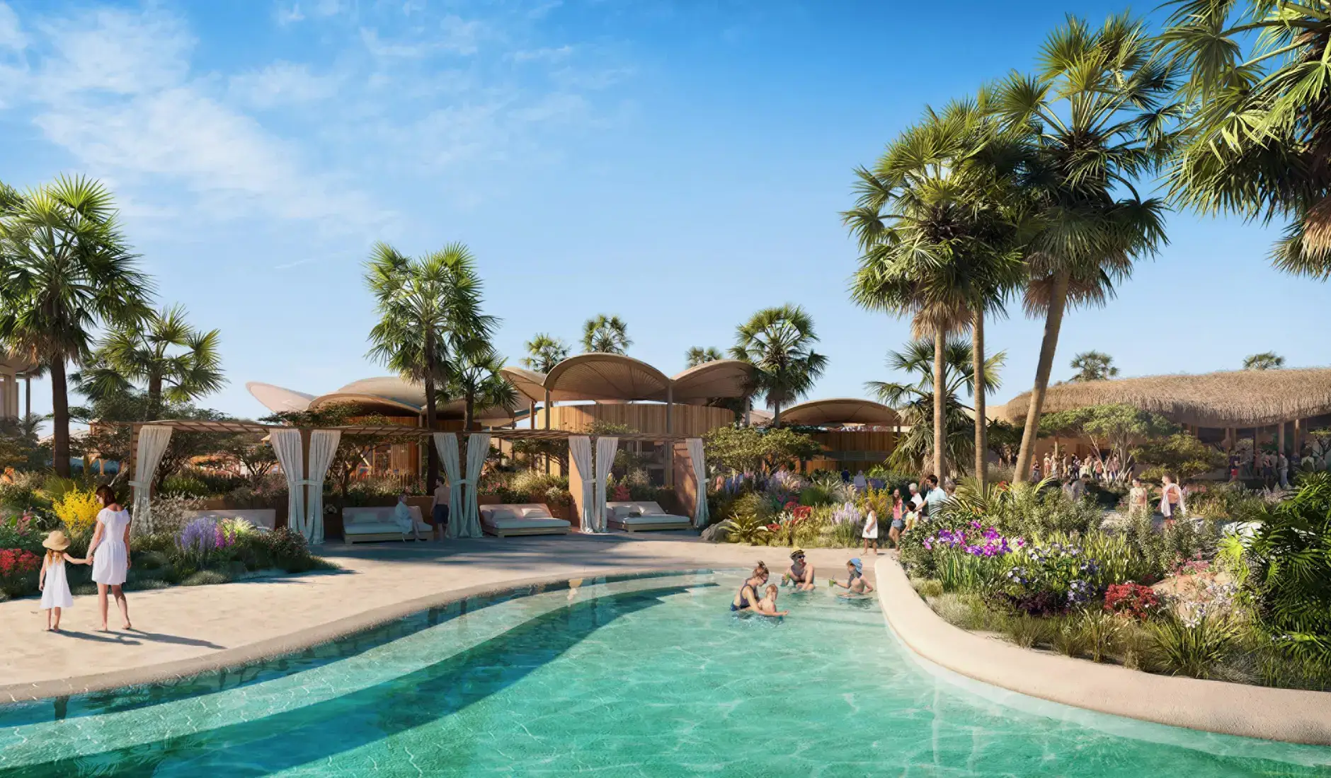 Family pool with cabanas at Four Seasons Red Sea, Shura Island, designed by Foster + Partners