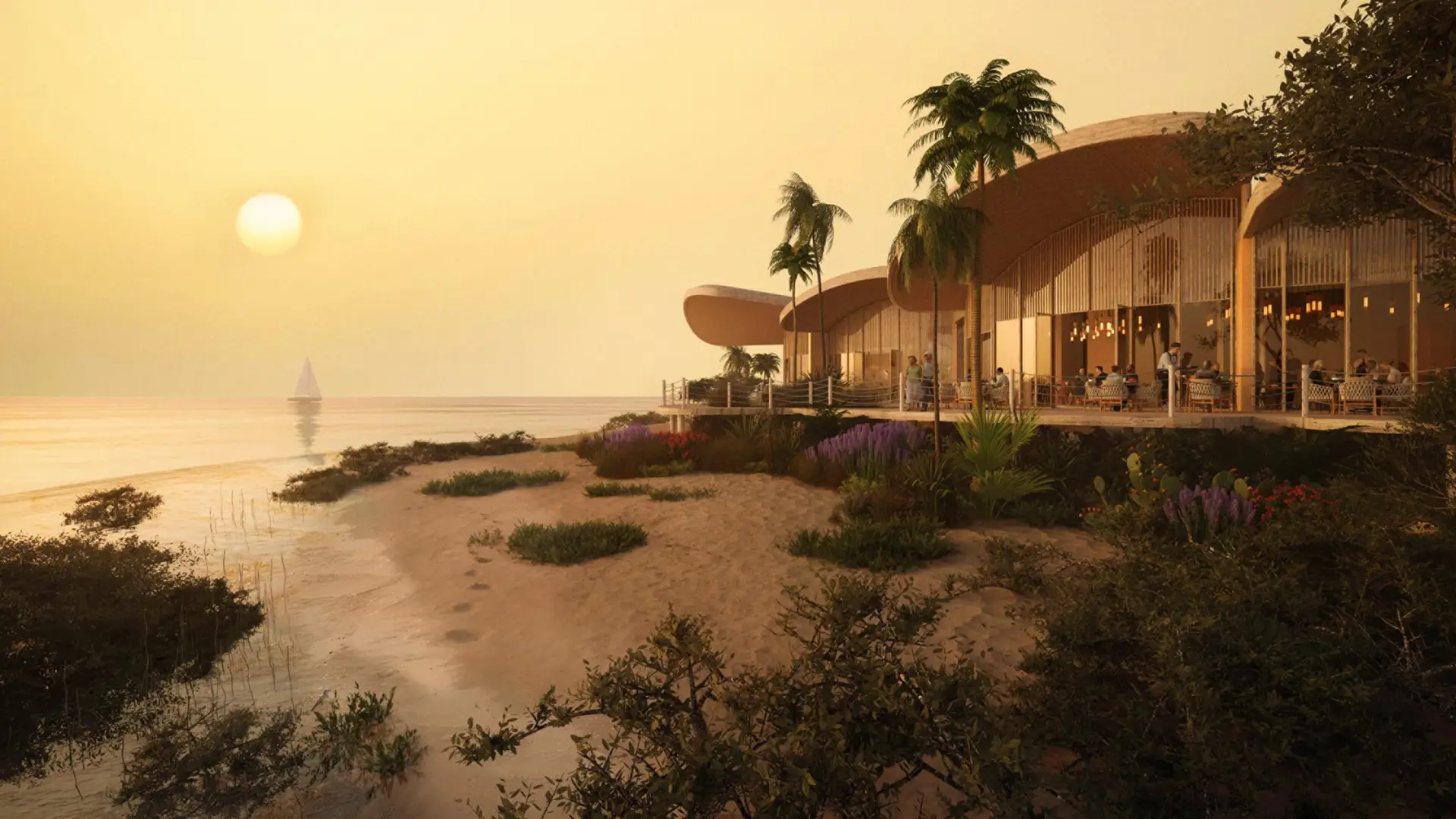 Four Seasons Red Sea oceanfront restaurant at sunset on Shura Island, designed by Foster + Partners