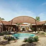 Private villa exterior at Four Seasons Red Sea with Foster + Partners signature roofline, Shura Island
