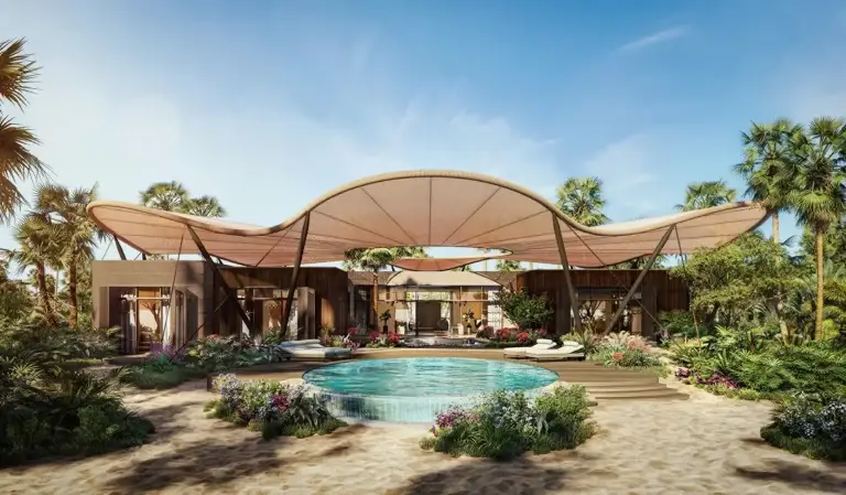Private villa exterior at Four Seasons Red Sea with Foster + Partners signature roofline, Shura Island