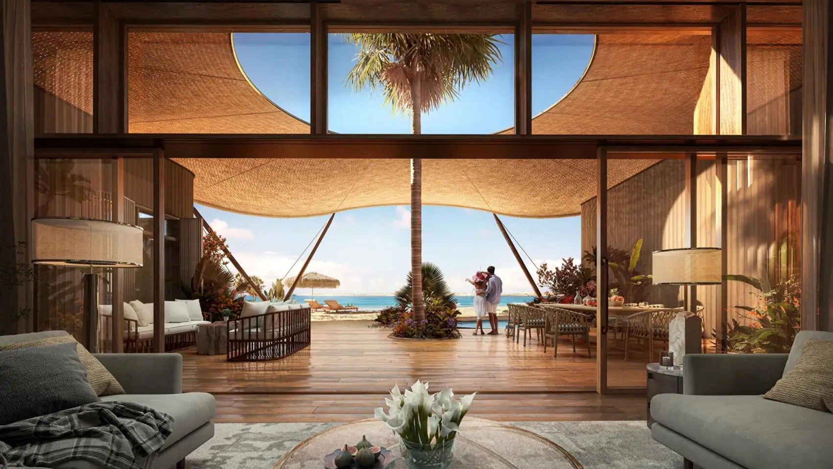 Villa interior at Four Seasons Red Sea with palm courtyard and beach view, Shura Island