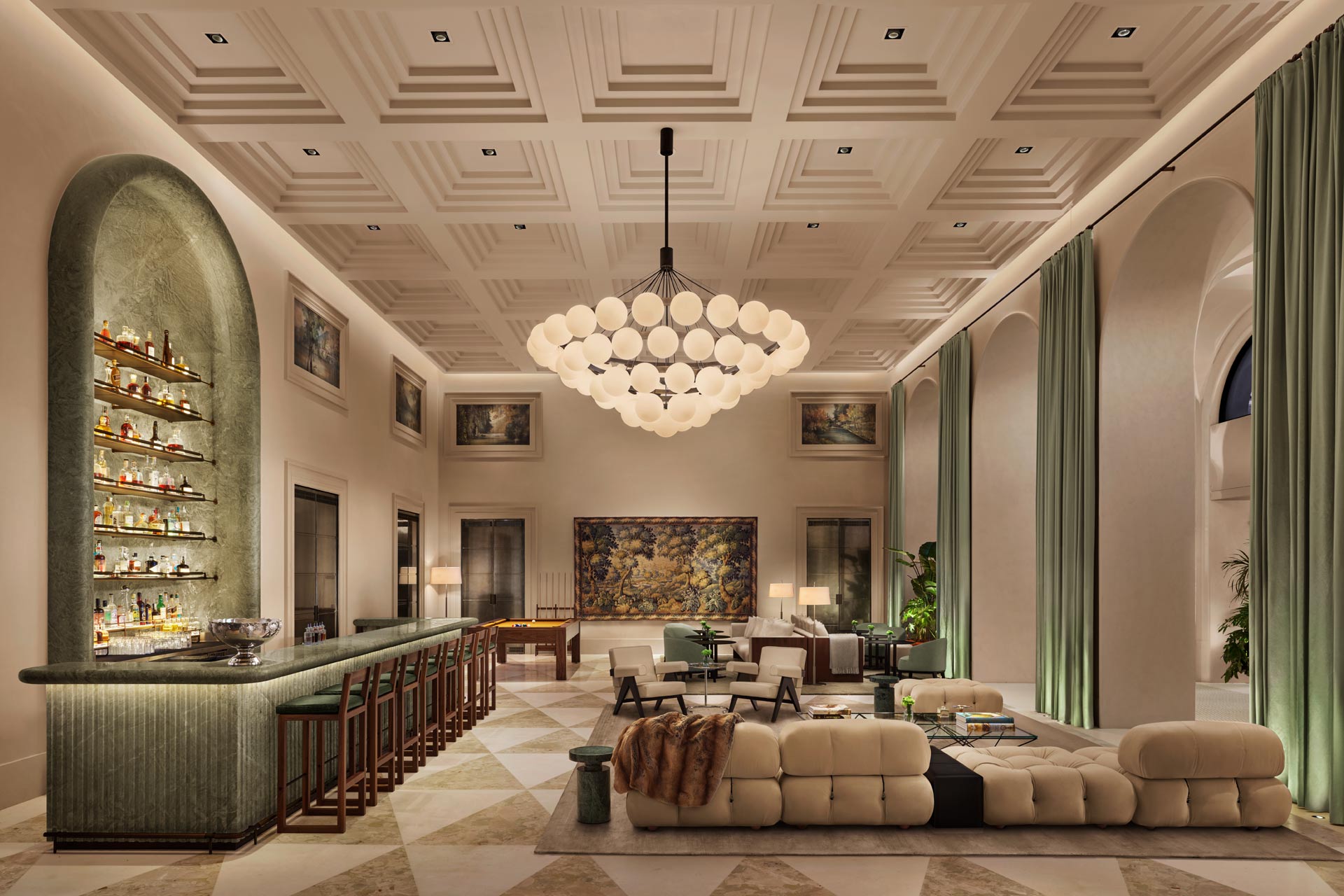 Lobby Bar at The Lake Como EDITION with celadon green Sekoyamarble bar, designed by Neri & Hu and De.Tales, opened March 2026 