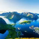 Norway tourist tax 2026: aerial view of Reine in Lofoten, where the new visitor contribution will first apply