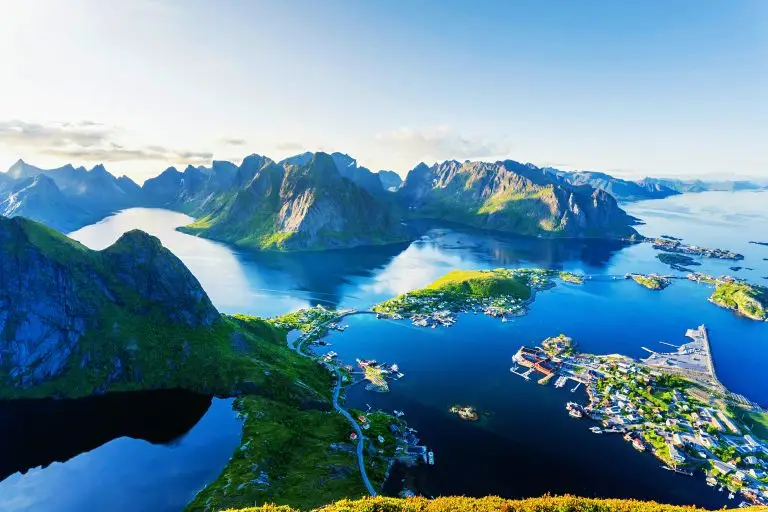 Norway tourist tax 2026: aerial view of Reine in Lofoten, where the new visitor contribution will first apply