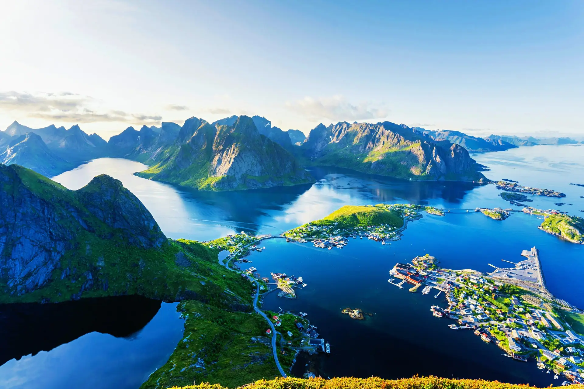 Norway tourist tax 2026: aerial view of Reine in Lofoten, where the new visitor contribution will first apply