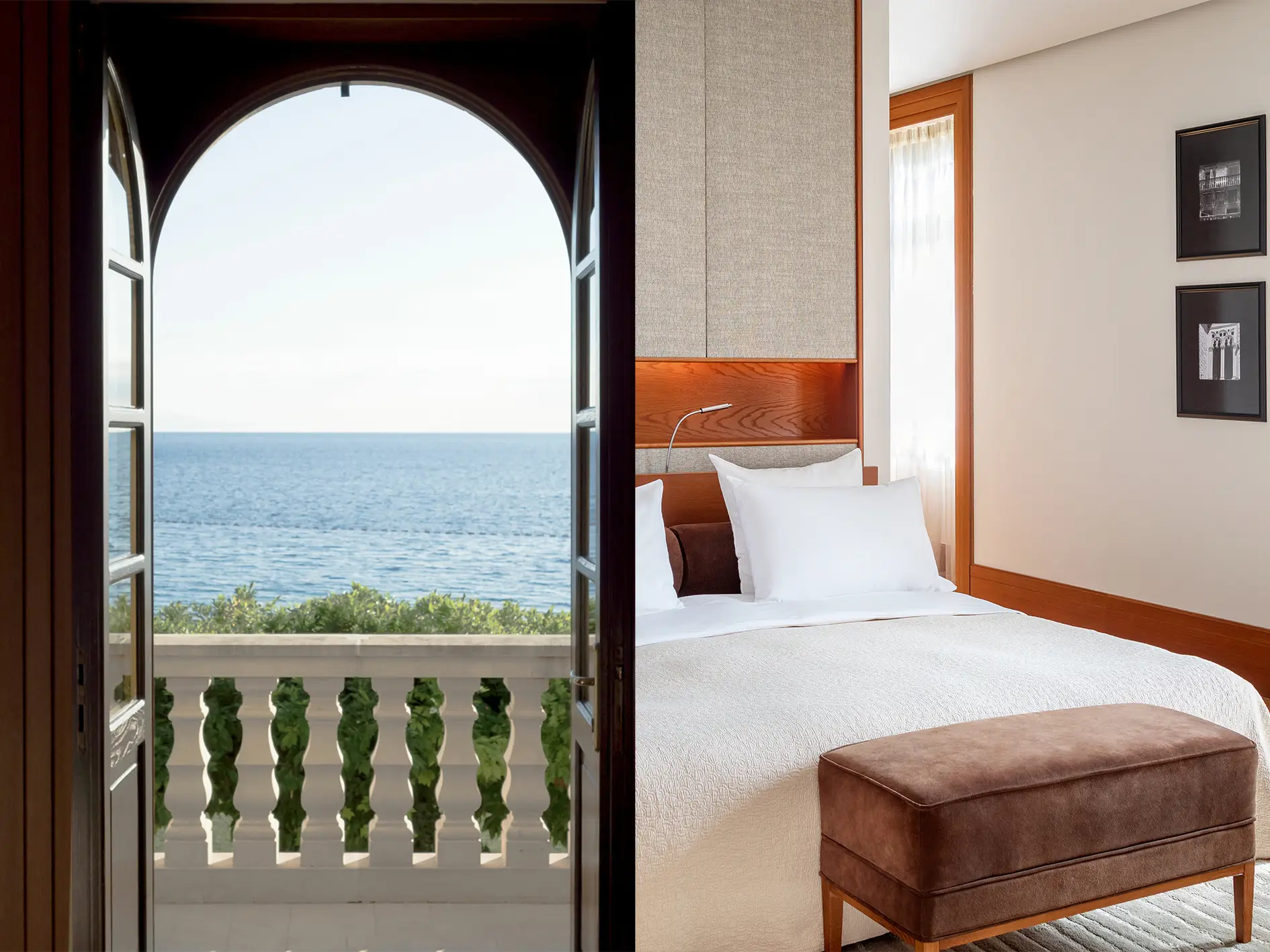 After five years, Aman Sveti Stefan reopens on the Adriatic 3 Bedroom in a Miločer Sea View Suite at Aman Sveti Stefan, with arched balcony doors opening to the Adriatic.