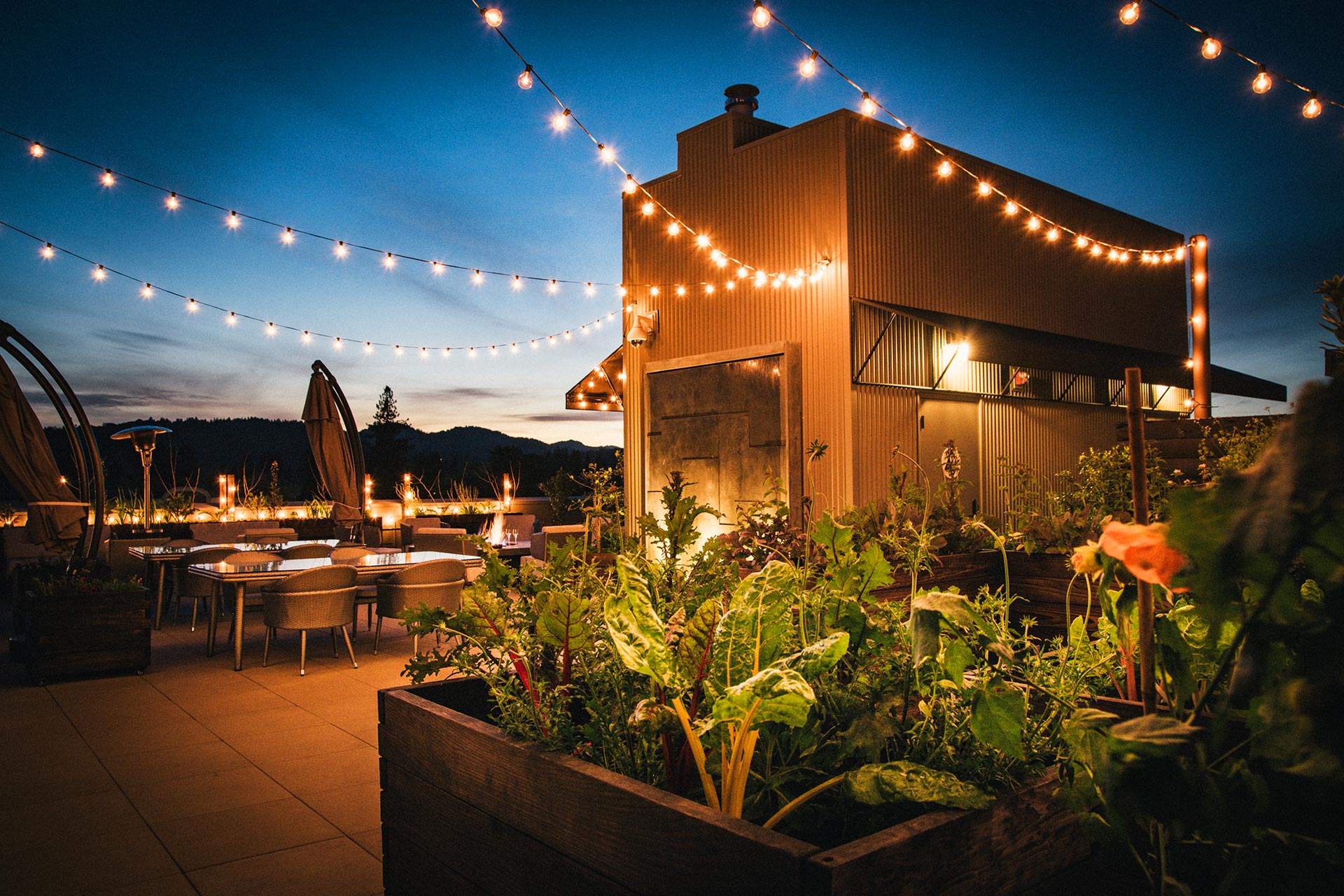 Farm-to-Table Luxury Hotels 2026: Inside Hospitality's Quiet Revolution 6 SingleThread Farms rooftop garden in Healdsburg California with raised vegetable beds and string lights at dusk