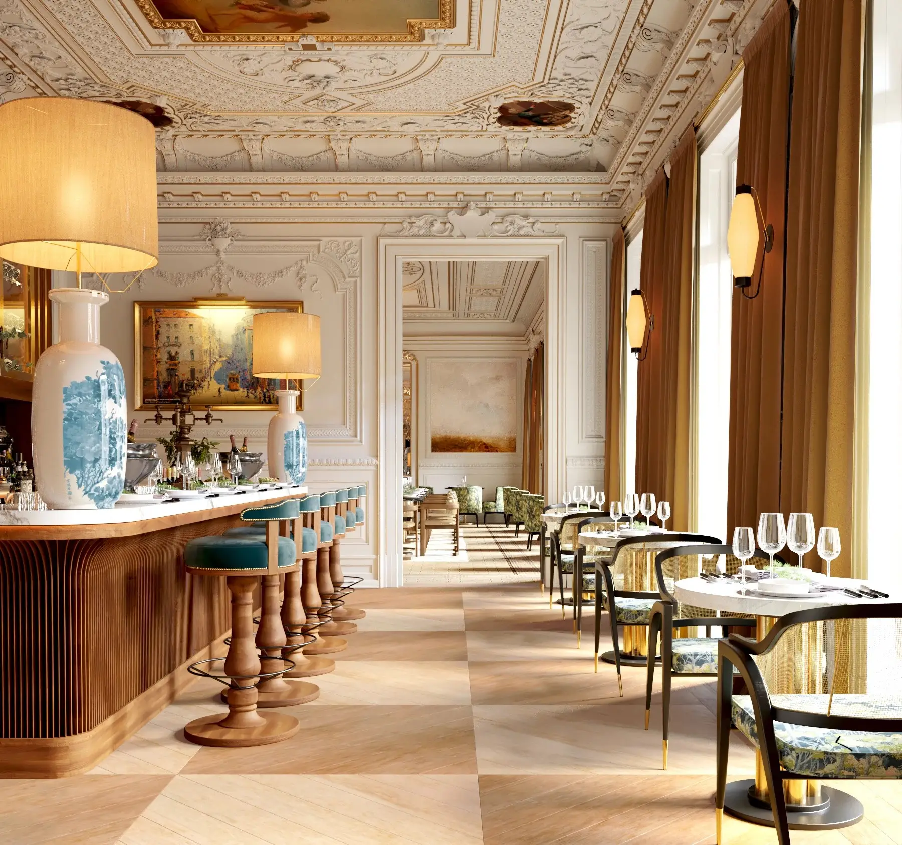 Bar and restaurant interior at Six Senses Lisbon near Avenida da Liberdade, with restored historic stucco ceilings and contemporary furnishings inside one of the hotel's two heritage palaces