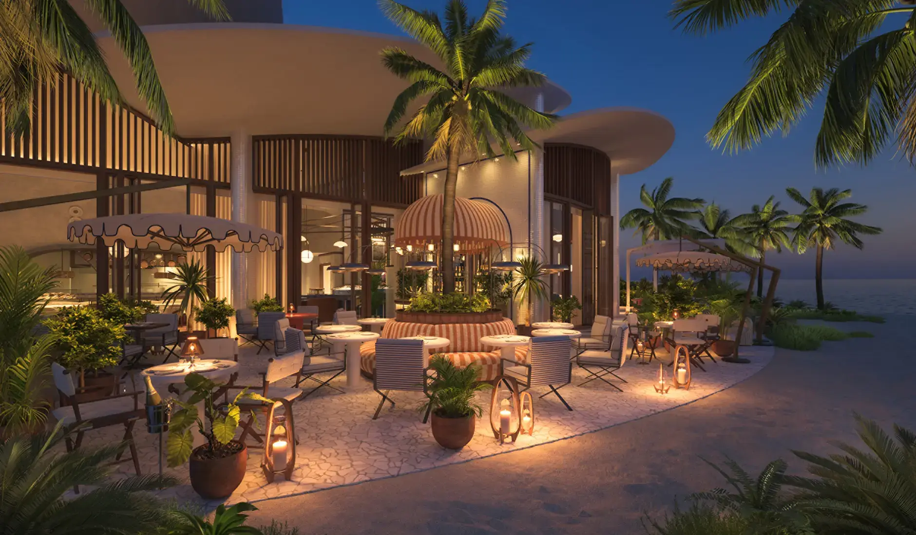 Spiaggia Restaurant at Four Seasons Red Sea, al fresco dining at dusk on Shura Island