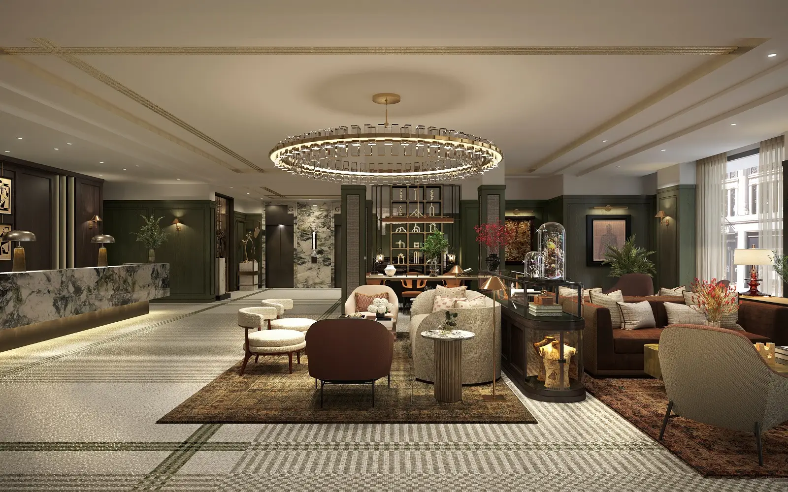 Rendering of The St. Regis London lobby designed by Richmond International, opening mid-2026 in the former Westbury Mayfair on Conduit Street 