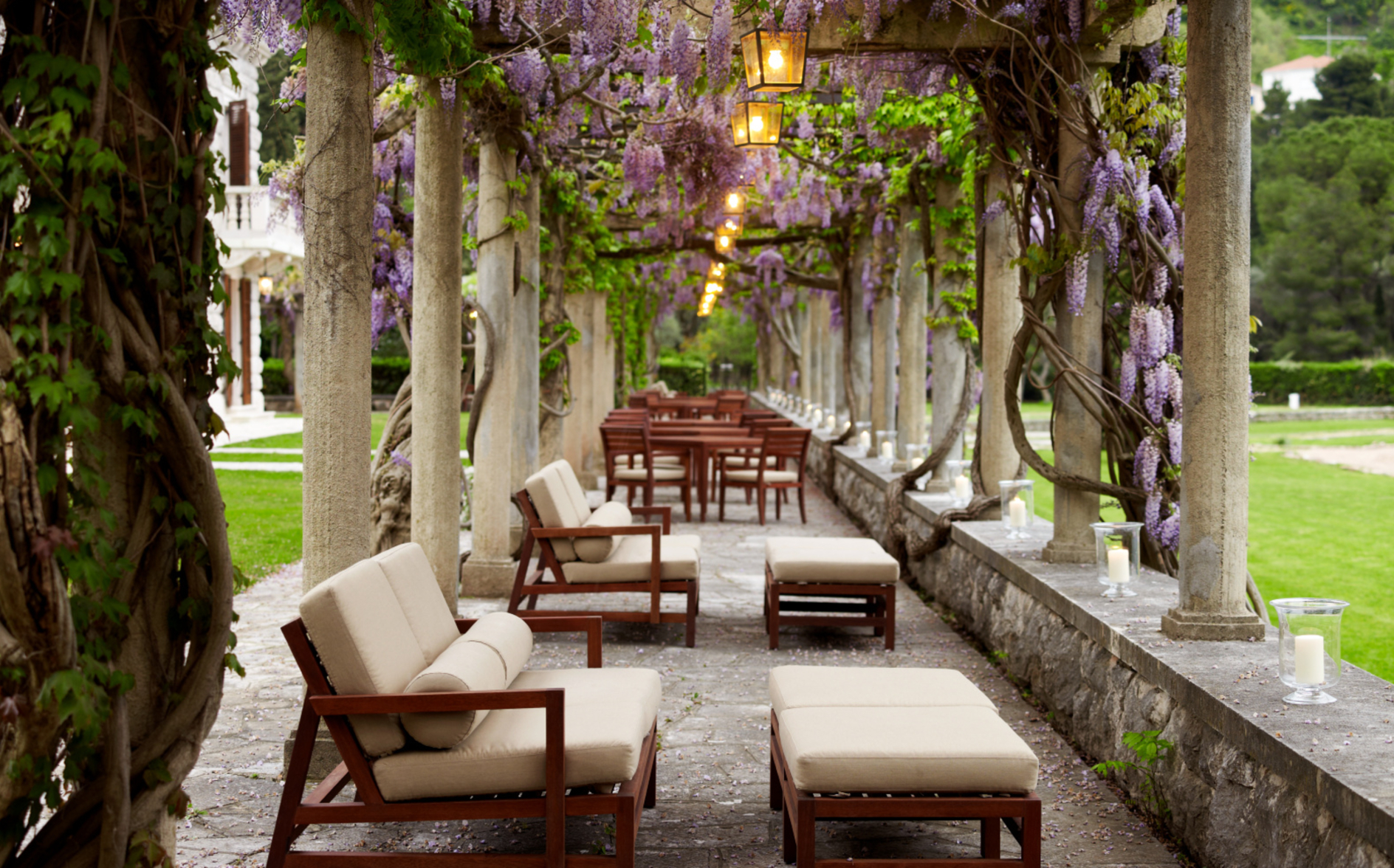 After five years, Aman Sveti Stefan reopens on the Adriatic 4 Wisteria-shaded terrace at Villa Miločer Restaurant, Aman Sveti Stefan, the 24-meter year-round dining room.