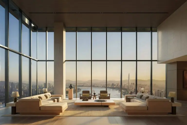 Aman Seoul residence rendering with Han River and Lotte World Tower view, Cheongdam