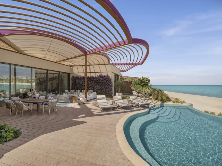 Full sea view villa terrace with private pool at Raffles The Red Sea, Shura Island