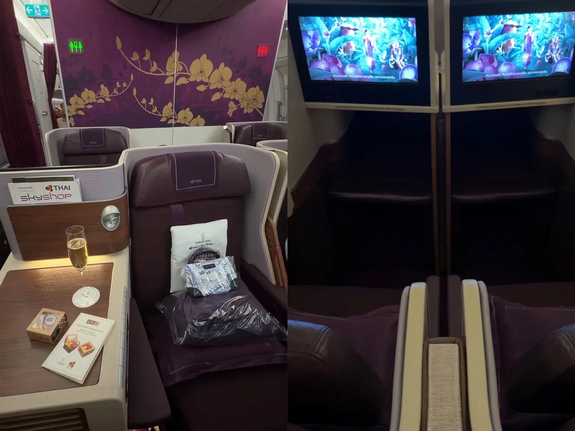 Thai Airways Amsterdam to Bangkok: a Royal Silk review of the new daily flight 1 Thai Airways Royal Silk seat on the A350 with champagne, Jim Thompson amenity kit and comfort wear, and the center seats in bed mode